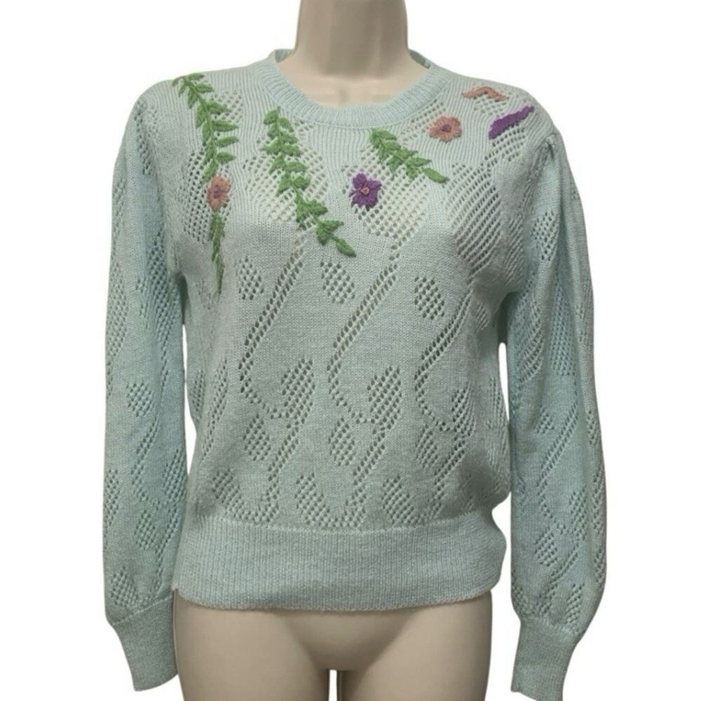 Vintage 80s Mint Green Floral Embroidered Open Knit Sweater Cottagecore M